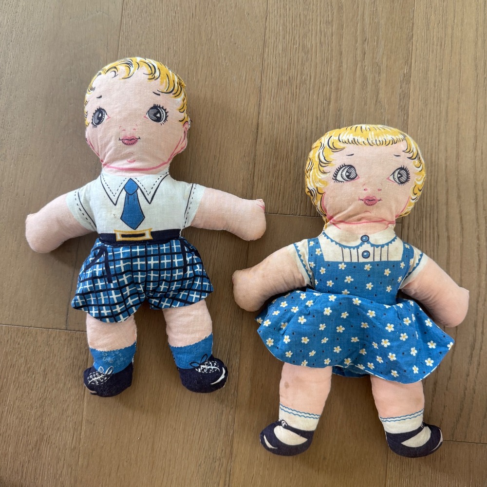 Vintage 1940s Cut & Sew Rag Dolls Boy Girl Litho Cloth Toy Pair 11" Blue Yellow